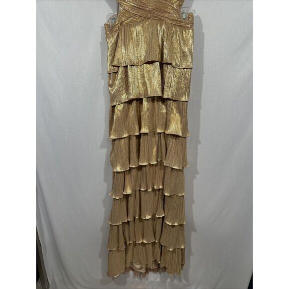 NWT‎ $498 IEENA Mac Duggal [ 4 ] 26740 Ruffle Tiered Lace Up Gown Gold - Picture 12 of 16